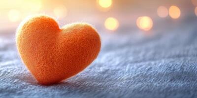 Vibrant orange felt heart positioned on a soft surface with warm bokeh background creating a soothing atmosphere photo