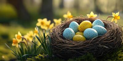 Colorful eggs rest in a nest among blooming daffodils in a serene spring setting photo