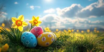 Colorful Easter eggs nestled among bright daffodils on a sunny day in a grassy field photo