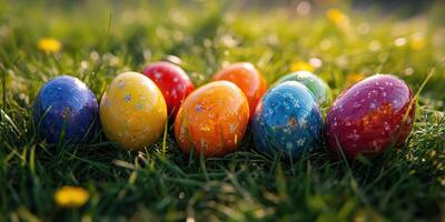 Colorful Easter eggs arranged on green grass during a sunny spring day in a park setting photo
