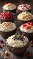 Delicious bowls of rice pudding topped with fruit and nuts served on a rustic wooden table photo