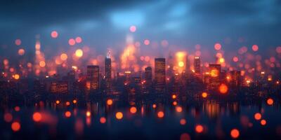 Vibrant city skyline illuminated by colorful lights at night reflecting on the water during a clear evening photo