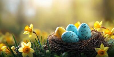 Colorful Easter eggs nestled in a nest surrounded by blooming daffodils on a sunny spring day photo