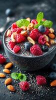 Delicious chia seed pudding topped with fresh berries and nuts, perfect for a healthy breakfast or snack option photo