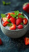 Creamy chia pudding topped with fresh strawberries and mint leaves in a decorative bowl on a dark surface photo