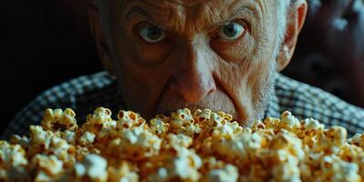 Elderly man intensely focused on a large bowl of popcorn during a movie night at home photo