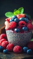 Vibrant bowl of chia seed pudding topped with fresh raspberries, blueberries, and mint leaves in a cozy setting photo