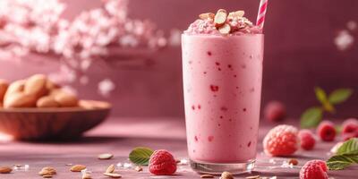 Refreshing raspberry almond smoothie served in a tall glass with pink decor and cookies on the side photo