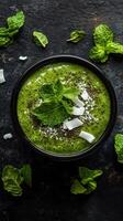 Smoothie bowl prepared with fresh ingredients and garnished with mint leaves and coconut flakes on a dark surface photo