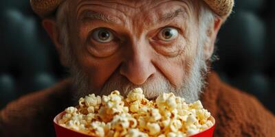 Elderly man enjoying popcorn while watching a movie at a cinema, with excited expression and full bowl in close-up photo