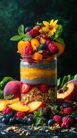 Healthy layered dessert jar with fruits and granola showcases vibrant flavors and textures photo