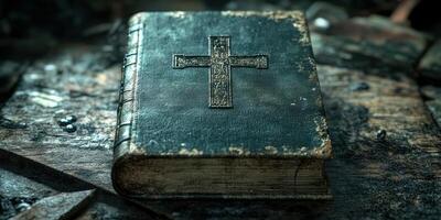 Historic leather-bound book resting on a weathered wooden surface with a cross emblem in a dimly lit environment photo