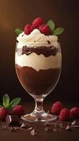 Indulgent chocolate and raspberry dessert with layers of cream and mint garnish served in a glass photo