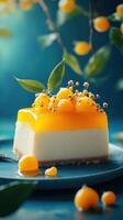 Delicious cheesecake topped with yellow fruit and green leaves on a blue plate in a bright setting photo