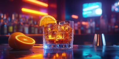 Cocktail with orange slice garnishing in a vibrant bar with neon lights at night photo