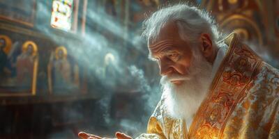Elderly priest in ornate robe prays in a sunlit church filled with incense and icons photo