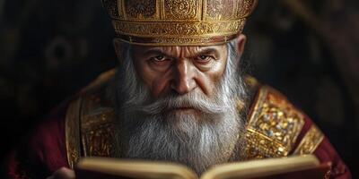 Portrait of a wise elder reading ancient texts in a dimly lit setting with rich colors and intricate details photo