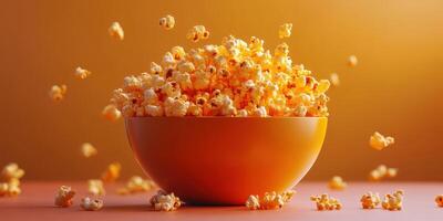 Freshly popped popcorn spills from a bowl, capturing the joy of snack time photo