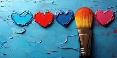 Colorful hearts and a paintbrush showcase creative expression in an artistic workspace photo