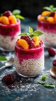 Delicious dessert featuring chia seeds, layered fruits, and vibrant raspberry topping on a dark textured background photo