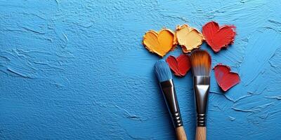 Creative art tools arranged with colorful heart shapes on a blue textured background in a vibrant artistic workspace photo