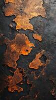 Rusty metal surface with vibrant orange and dark textures reveals age and decay in abstract art form photo