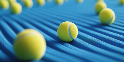 Bright yellow tennis balls scattered on a blue textured surface create a dynamic visual pattern of sport and play photo