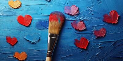 Colorful heart designs created with a paintbrush on a vibrant blue canvas surface photo