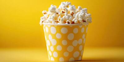 Delicious popcorn in a yellow polka dot cup against a bright yellow background photo