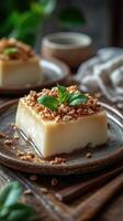 Delicious dessert presented on a rustic plate with toppings and fresh herbs in a cozy setting photo