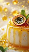 Delicious dessert featuring vibrant passion fruit topping and a glossy glaze served on a white plate photo