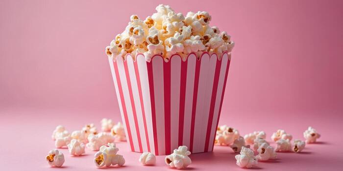 palomitas de maiz en un a rayas envase en un rosado antecedentes con dispersado granos alrededor foto
