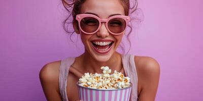 Smiling woman enjoying popcorn against a vibrant purple background at a casual gathering photo