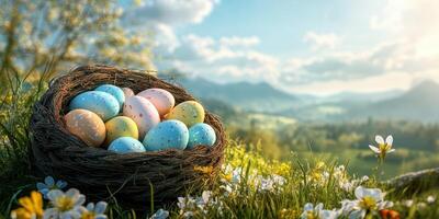 Easter eggs in a nest surrounded by flowers in a serene landscape during springtime photo