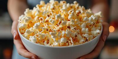Freshly popped popcorn served in a large bowl held by hands in a cozy kitchen setting during a movie night photo
