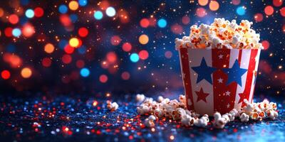 Popcorn bucket filled with fresh popcorn surrounded by colorful lights and sparkles during a festive celebration photo