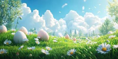 Eggs hidden among blooming daisies in a sunny meadow under a blue sky with fluffy clouds photo