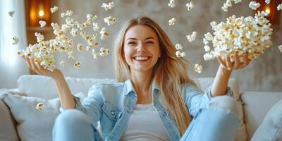 Young woman enjoys popcorn while laughing and relaxing at home in a cozy living room setting photo
