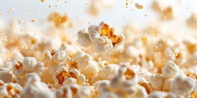 Delicious popcorn kernels popping in the air during a fun movie night snack preparation photo
