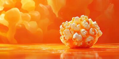 Popcorn sits on an orange surface with a warm glow in the background during a casual gathering or celebration photo