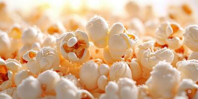 Popcorn kernels glisten under warm light, highlighting their fluffy texture and unique shapes in a delightful snack setting photo