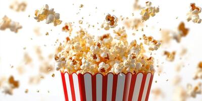 Freshly popped popcorn flying out of a striped container against a bright background photo