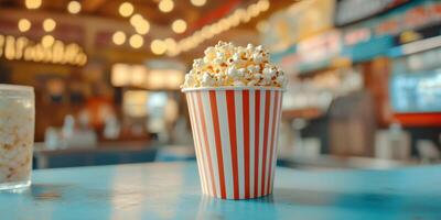 Freshly popped popcorn served in a striped cup at a vibrant movie theater concession stand photo