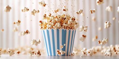 Freshly popped popcorn flying from a blue and white striped container on a light background photo