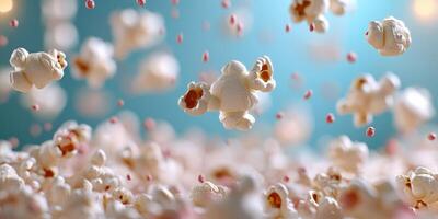 Floating popcorn kernels create a fun and whimsical atmosphere in a bright space during a lively gathering photo