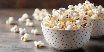 Deliciously fluffy popcorn served in decorative bowls on a textured surface perfect for movie night or snack time photo