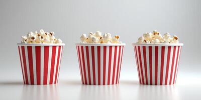 Containers filled with popcorn in red and white stripes on a plain surface ready for a movie night photo
