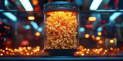 Popcorn machine displays freshly popped corn in a modern setting with vibrant lights photo