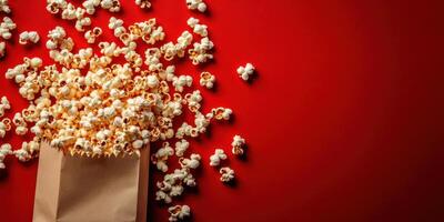 Freshly popped popcorn spills from a brown paper bag against a vibrant red background photo