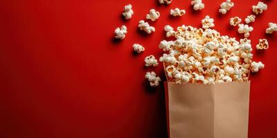 Freshly popped popcorn spills from a brown paper bag against a vibrant red background creating a festive atmosphere photo